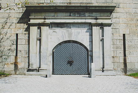 portas duplas, entrada, saída, edifício, em arco, arquitetura, porta de entrada