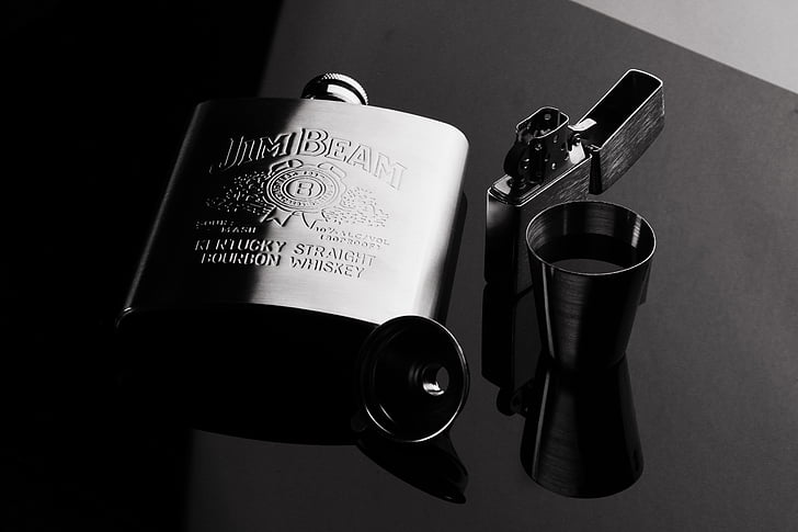 whiskey, reflector, alcohol, flagon, ji muliang, black and white, commercial photography