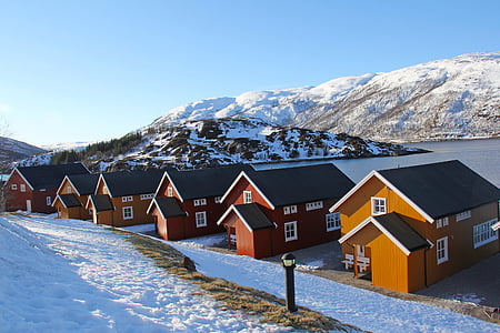 ribiči kabine, kabina, krajine, čudovito, nebo, morje, fjord