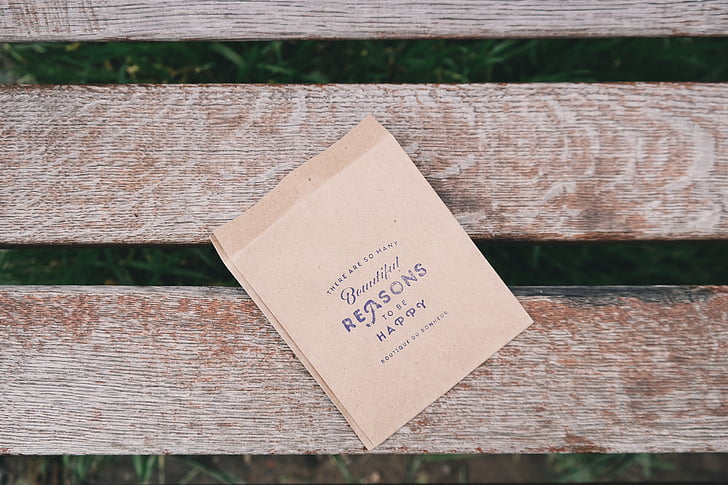 bench, wooden background, happy, paper bag, note, outdoors, happiness