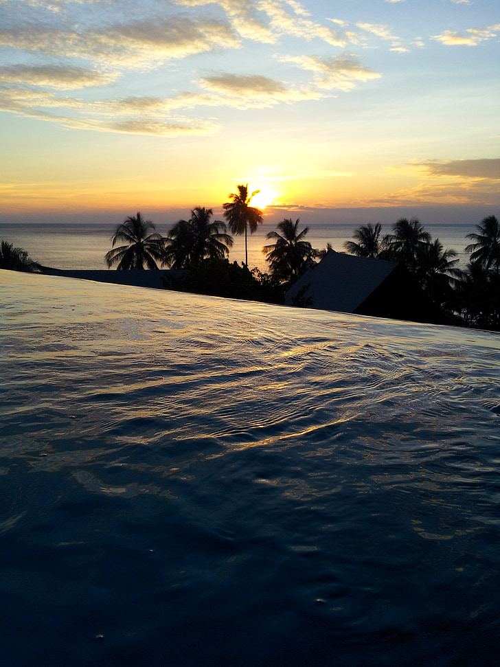 solnedgang, basseng, vann, kveld, sjøen, Thailand, skyer