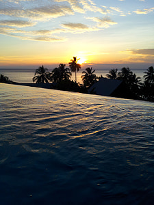sunset, pool, water, evening, sea, thailand, clouds
