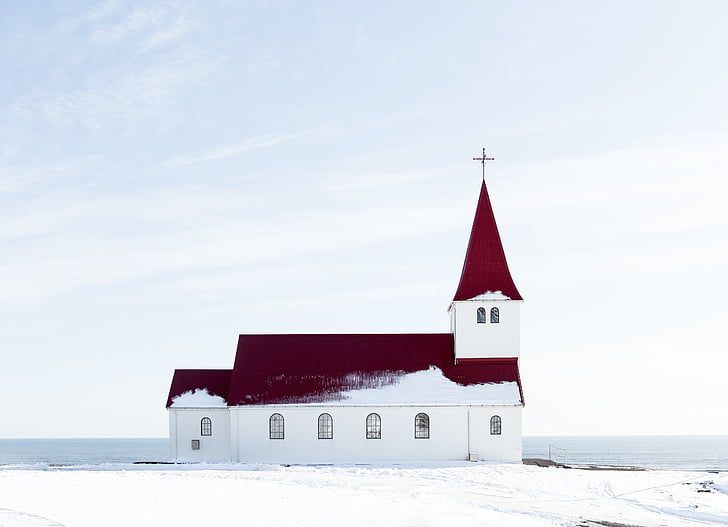 Zdjęcie, biały, czerwony, Kościół, śnieg, dzień, czas