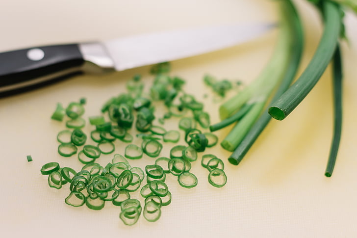onion, chives, green onion, vegetables, food, knife, chef