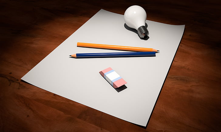 ideja, prazna, papir, pero, Žarnica, ne, ustvarjalnost