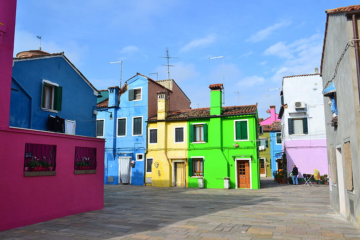 Venise, île de Burano, Italie, Burano, couleurs, ses maisons colorées, maisons