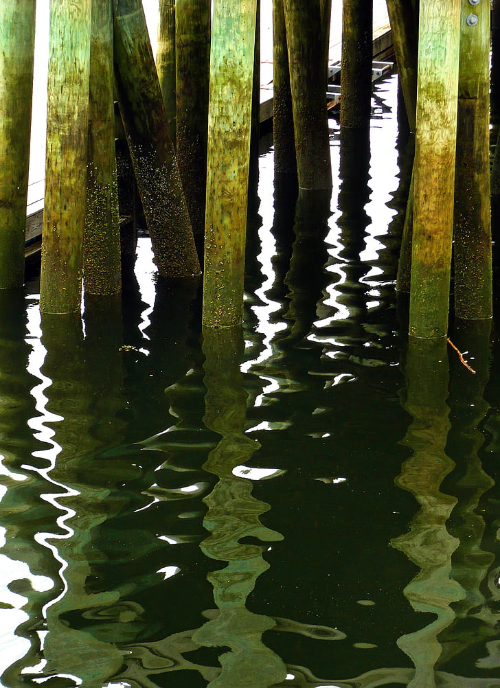 pier, poles, mirroring, reflection, water, ocean, nature