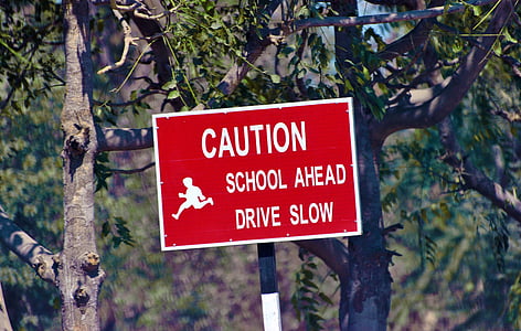 należy zachować ostrożność, tablice, szyldy, Ostrzeżenie, Szkoła ahead, znak, Zarząd, przed nami