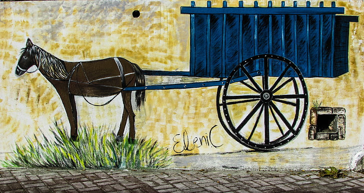 Graffiti, maleri, tradisjonelle, landsbylivet, landsbyen, rustikk, vognen