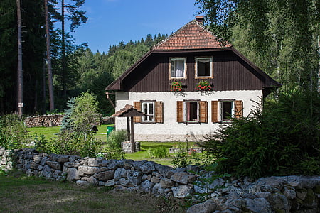 house, landscape, garden, trees, stones, šumava