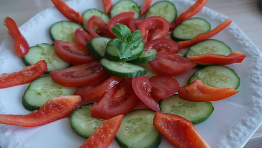 cucumber, paprika, tomato, food, vegetables, red, green salad