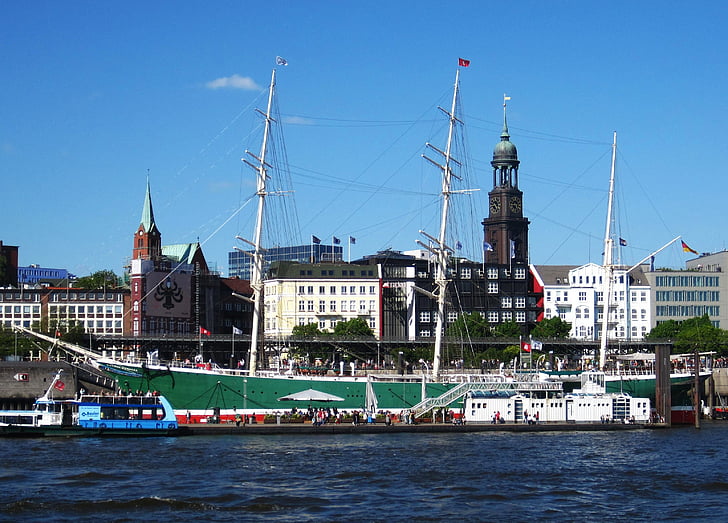 Hamburg, Port w Hamburgu, Elbe, statek, Landungsbrücken, miasto portowe, Michel