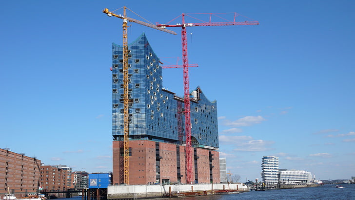 Hamburg, landmärke, Elbe philharmonic hall, Crane - entreprenadmaskiner, arkitektur, byggbranschen, inbyggd struktur