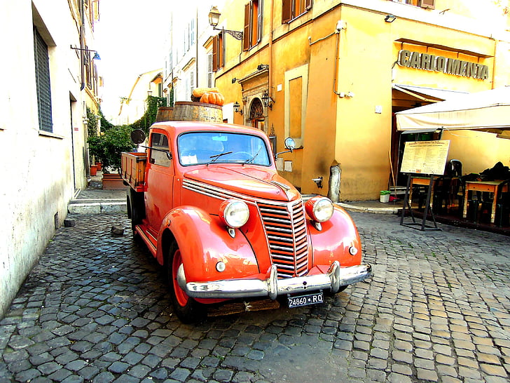 car, rome, house, on the road, italy, red, truck