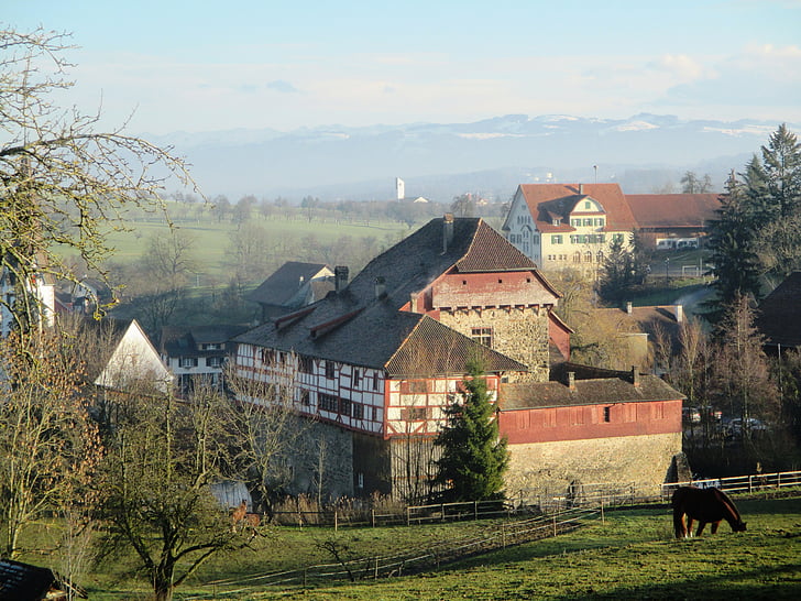 nước lâu đài hagenwil, Thurgau, Thuỵ Sỹ, tầm nhìn xa, dãy núi, quan điểm, từ xa xem