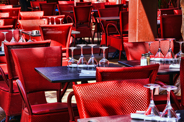 Frankrijk, Provence, Restaurant, rood, eten, stoelen, eettafels