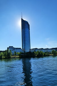 Viena, Àustria, Danubi, edifici, posta de sol, arquitectura