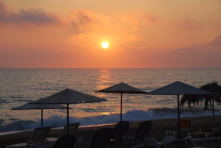 matahari terbenam, laut, mirroring, Crete, abendstimmung, Pantai, Pijaran ekor