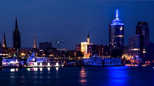 Hamburk, sandtorhoeft, modrý port, Německo, noční, Panoráma města, městské panorama