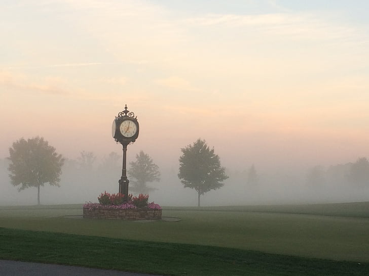 đồng hồ, công viên, sương mù, atunyote, buổi sáng