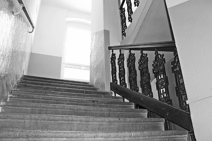 stairs, railing, black and white, path
