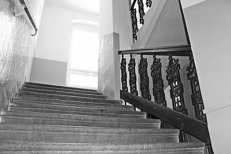 trappor, räcket, svart och vitt, sökväg