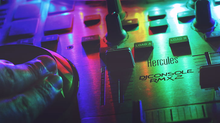 colorful, colourful, controls, DJ console, fingers, lights, music