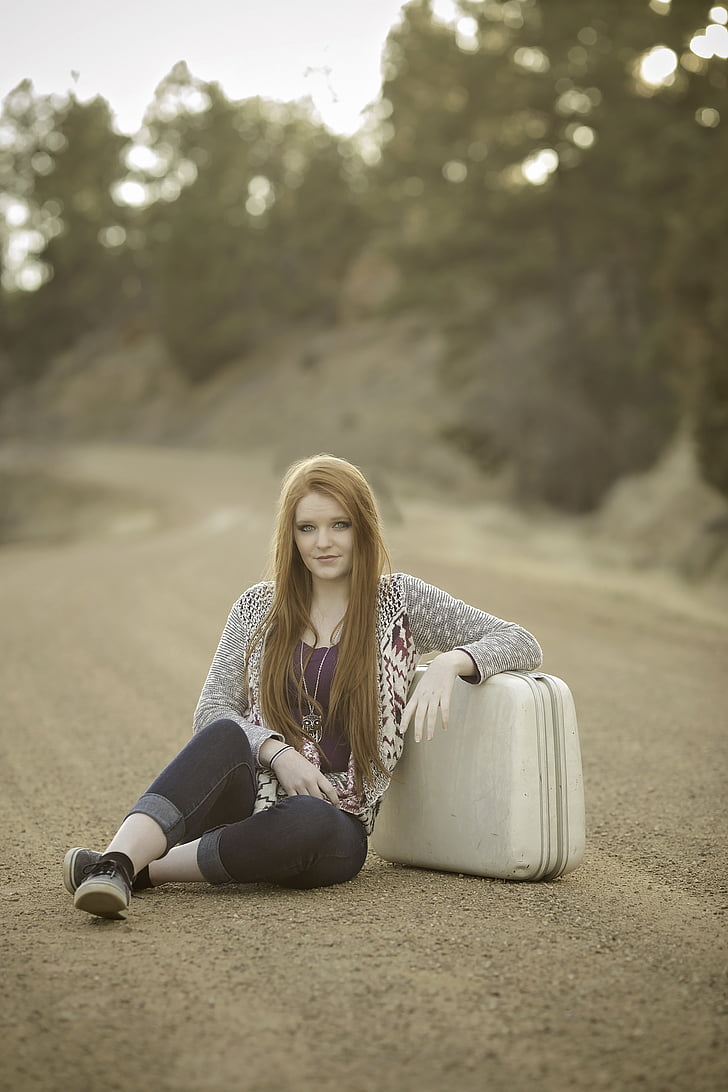 redhead, suitcase, road, sitting, travel, girl, outdoor