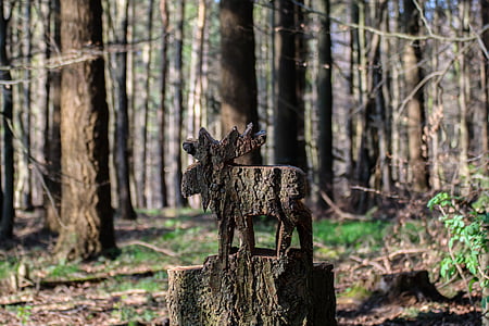 moose, wooden moose, art, forest, tree, nature, tree stump