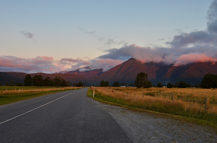 matahari terbenam, Selandia Baru, pemandangan, Gunung, jalan, awan, alam