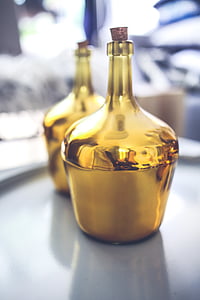 golden, bottle, glasses, carafe, decoration, decor, interior