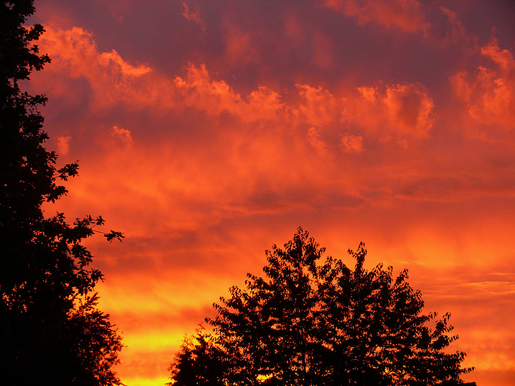 tramonto, rosso, cielo, nuvole, arancio, stato d'animo, sera