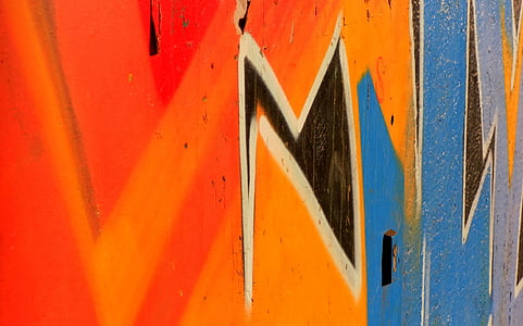 graffiti, fal, Berlin, belváros, szín, narancs, kék