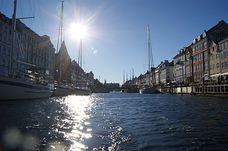 小船, 海, 通道, 哥本哈根, 河, 太阳, 光