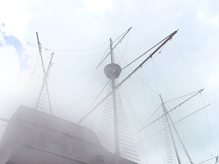 sail, ship, fog, clouds, sky, rope, wires