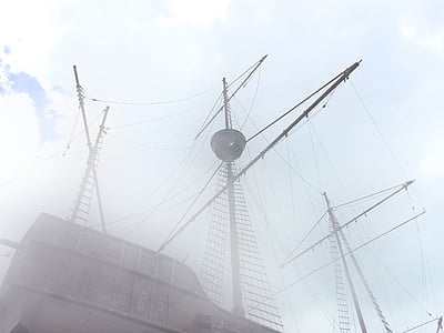 πανί, πλοίο, ομίχλη, σύννεφα, ουρανός, σχοινί, καλώδια