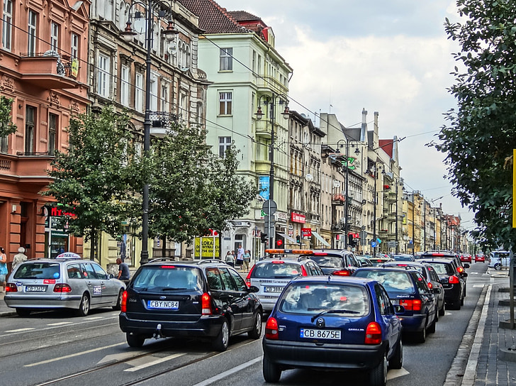 Gdańsk, Ulica, Bydgoszcz, Downtown, autá, prevádzky, Urban