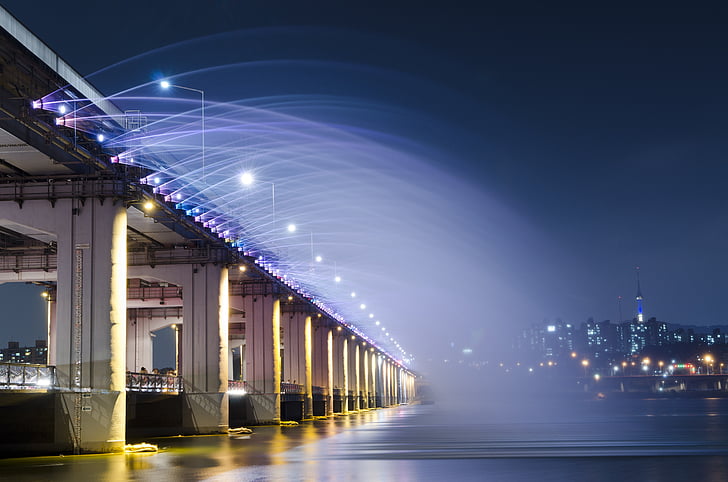 Seongsu bridge, pont, Fontaine, cours d’eau, eau, lumières, lumière