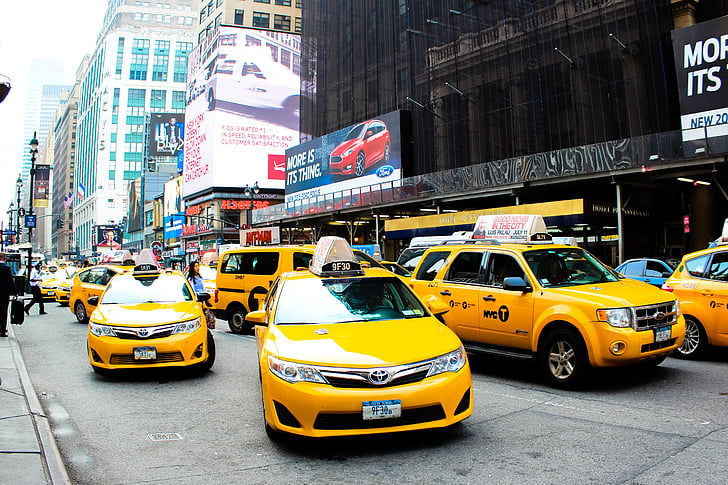 taxi, ciutat, groc, carrer, Nova York, EUA, cotxe
