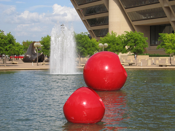 dallas, city hall, fountain, red balls, sculpture, arts, plaza