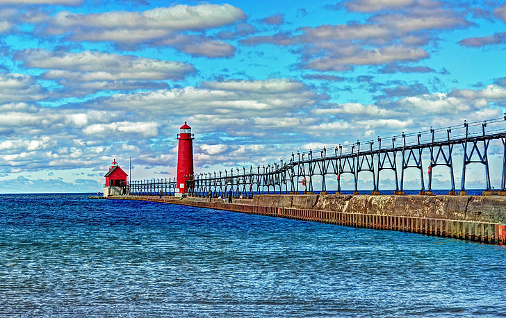 lighthouse, grand haven pier, lake michigan, light, catwalk, clouds, water