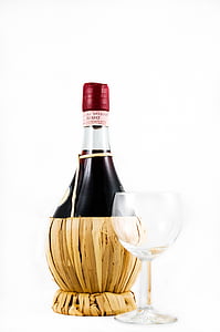 clear, wine, bottle, filled, red, beside, glass