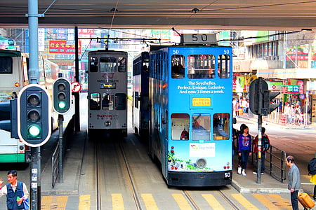 Гонконг, Трамвай, дорога, Транспорт, фотография, Улица, Лето