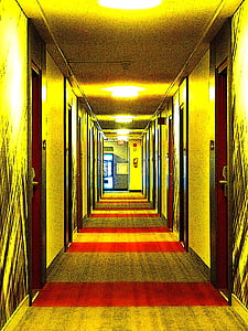 hallway, lightened, hotel, comic, building, architecture, interior