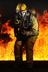 gasilec, ogenj, portret, usposabljanje, monitor, vroče, toplote