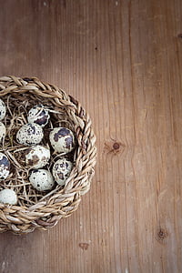 basket, egg, small eggs, quail eggs, easter, wood, close