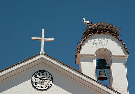 portugal, church, nest, stork, christianity, religion, cross