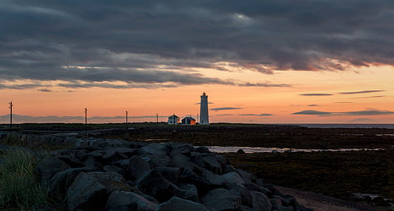 világítótorony, abendstimmung, Izland, naplemente, Reykjavík, tengerpart, nád