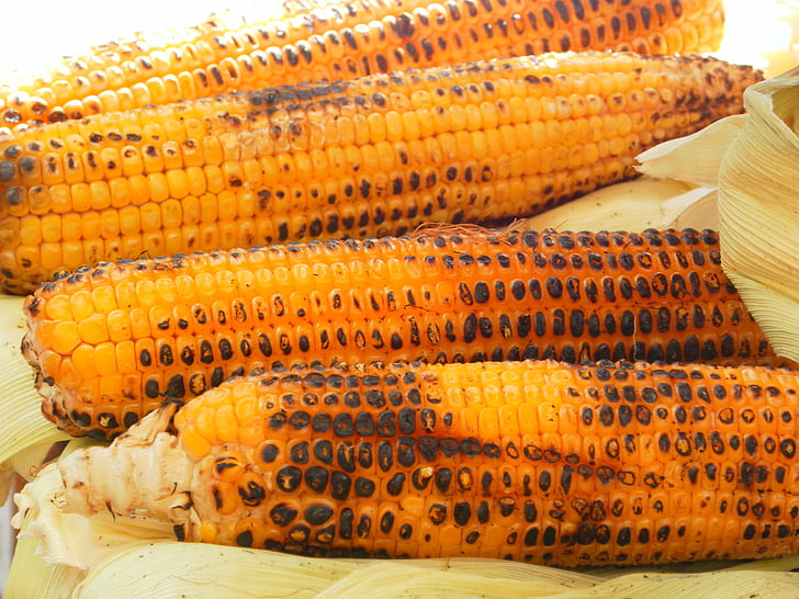 kukurūzų, kukurūzų burbuolės, ant grotelių kepti kukurūzai, daržovės