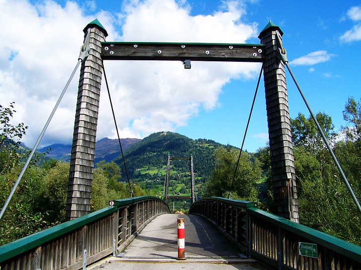 bridge over the drava, shingled bridge, buildup, mountains, vista, panorama, landscape